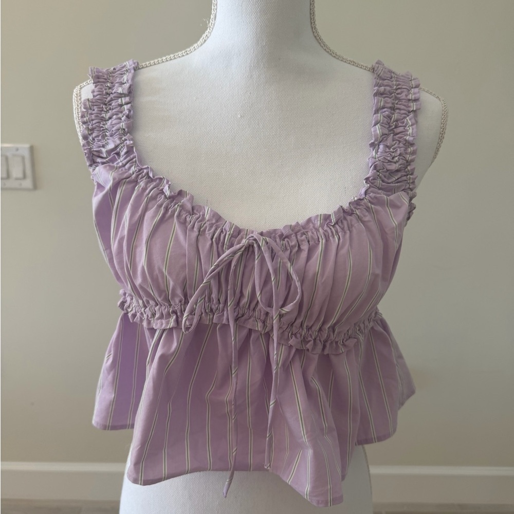 Zara Ruched Lavender and White Striped Tank Top
